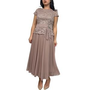 Jackie Jon Mauve Lace Top Chiffon Skirt Rhinestone A-Line Dress
